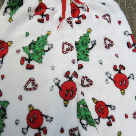 Christmas Pajama Pants Trees Ornaments Size S Women White Multi Fleece Warm Cozy - Picture 2 of 8